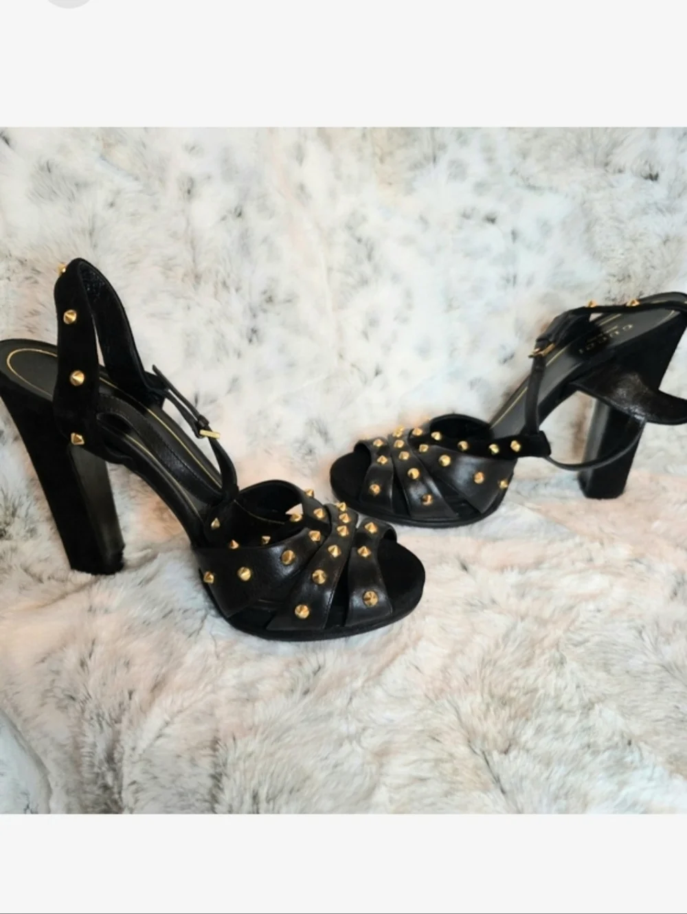 Elegant Gucci Black Leather and Gold Studded Women's Heels